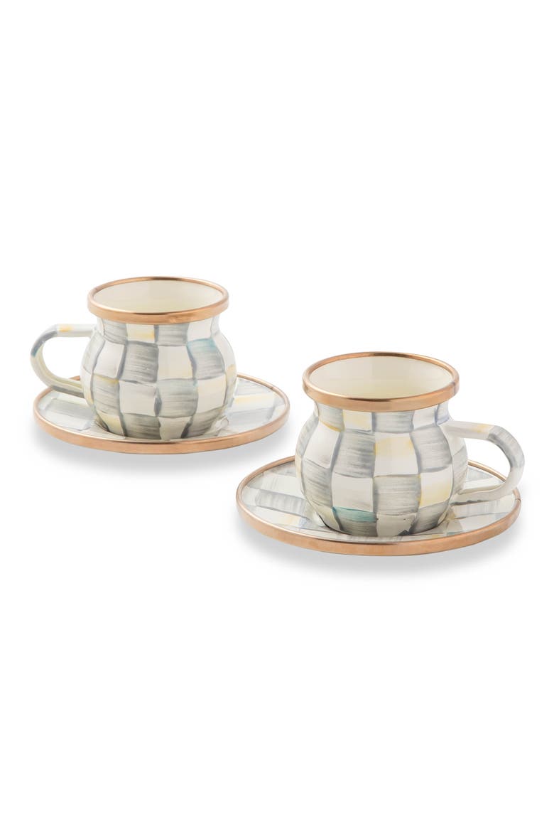 Sterling Check Enameled Steel Espresso Cups & Saucers Set, Alternate, color, GREY/ WHITE