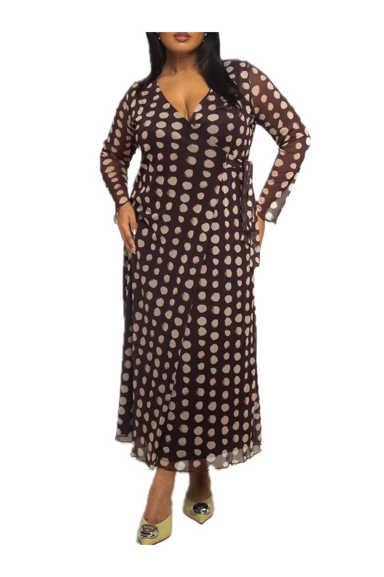 Polka Dot Wrap Midaxi Dress, Alternate, color, Brown