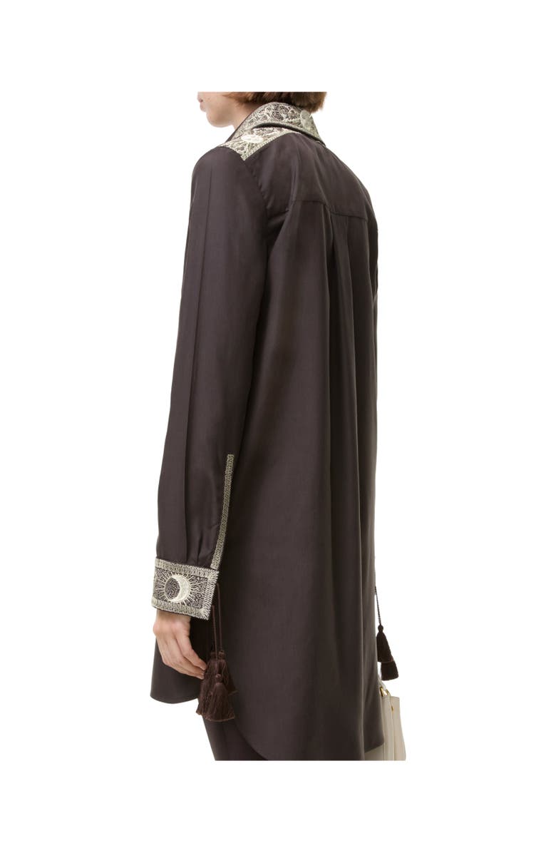 Burberry Embroidered Silk Shirt Dress, Alternate, color, Campfire Brown