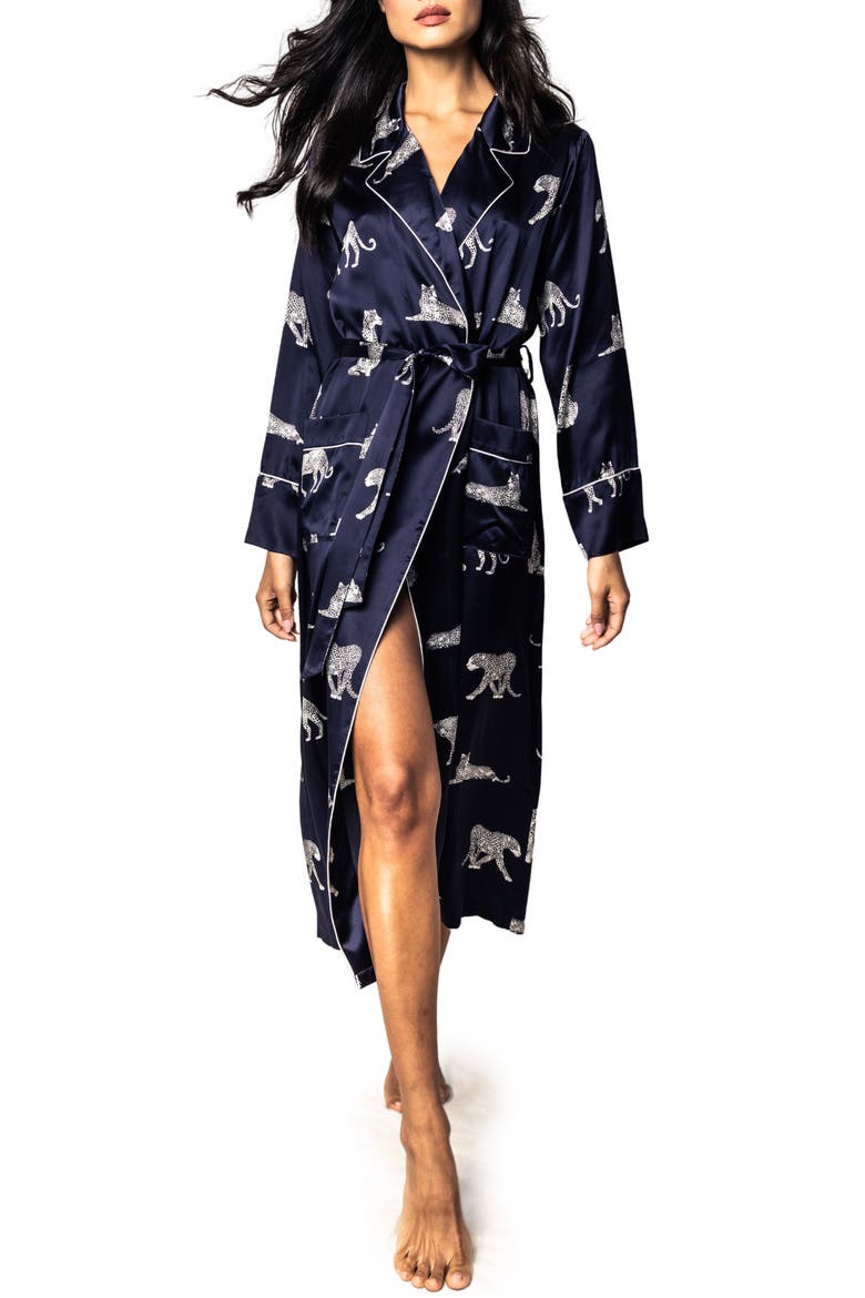 Panthre de Nuit Piped Silk Robe, Main, color, NAVY