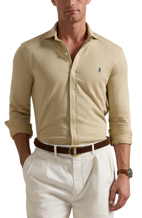 Polo Ralph Lauren Herringbone Knit Button-up Shirt In Dune Heather/coastal Beige