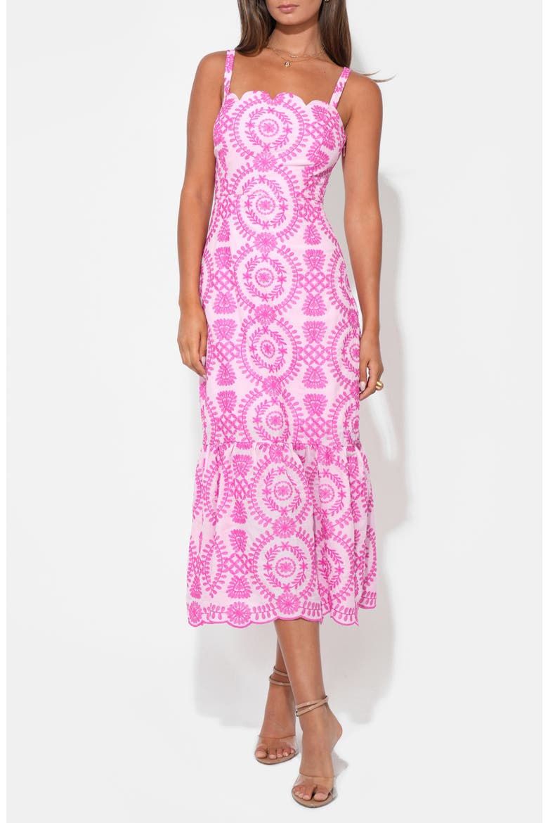 Raelynn Lace-Up Embroidered Midi Dress, Alternate, color, LILAC/ MAGENTA