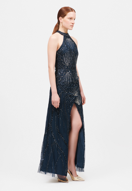 Beauut Embellished Sequin Beaded Halter Neck Maxi Dress In Navy