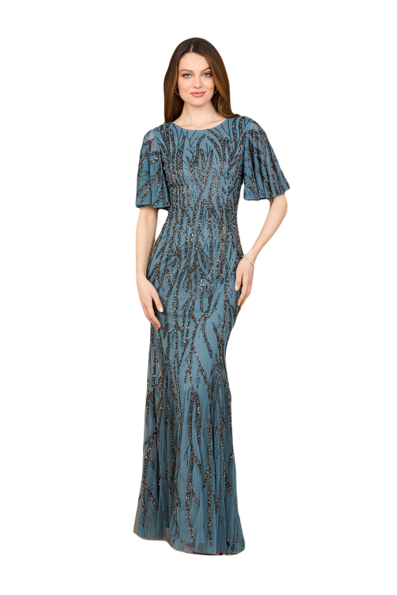 Beaded Gown with Flutter Sleeves, Alternate, color, Grey