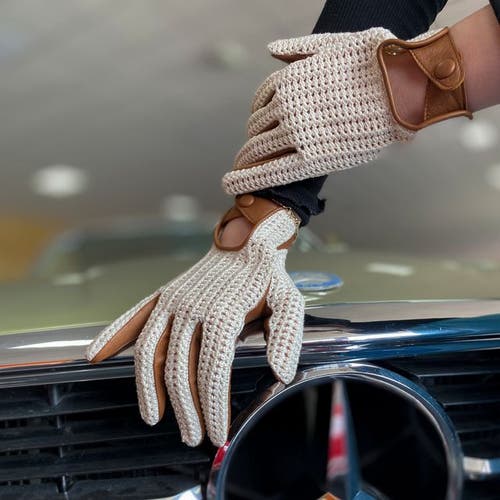 Agnelle Steve Lambskin And Ecru Cotton Crochet Driving Glove In Brown