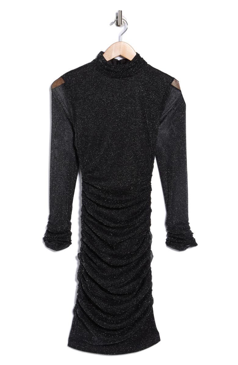 Eliza J Mock Neck Ruched Long Sleeve Mesh Body-Con Dress, Alternate, color, Black Silver