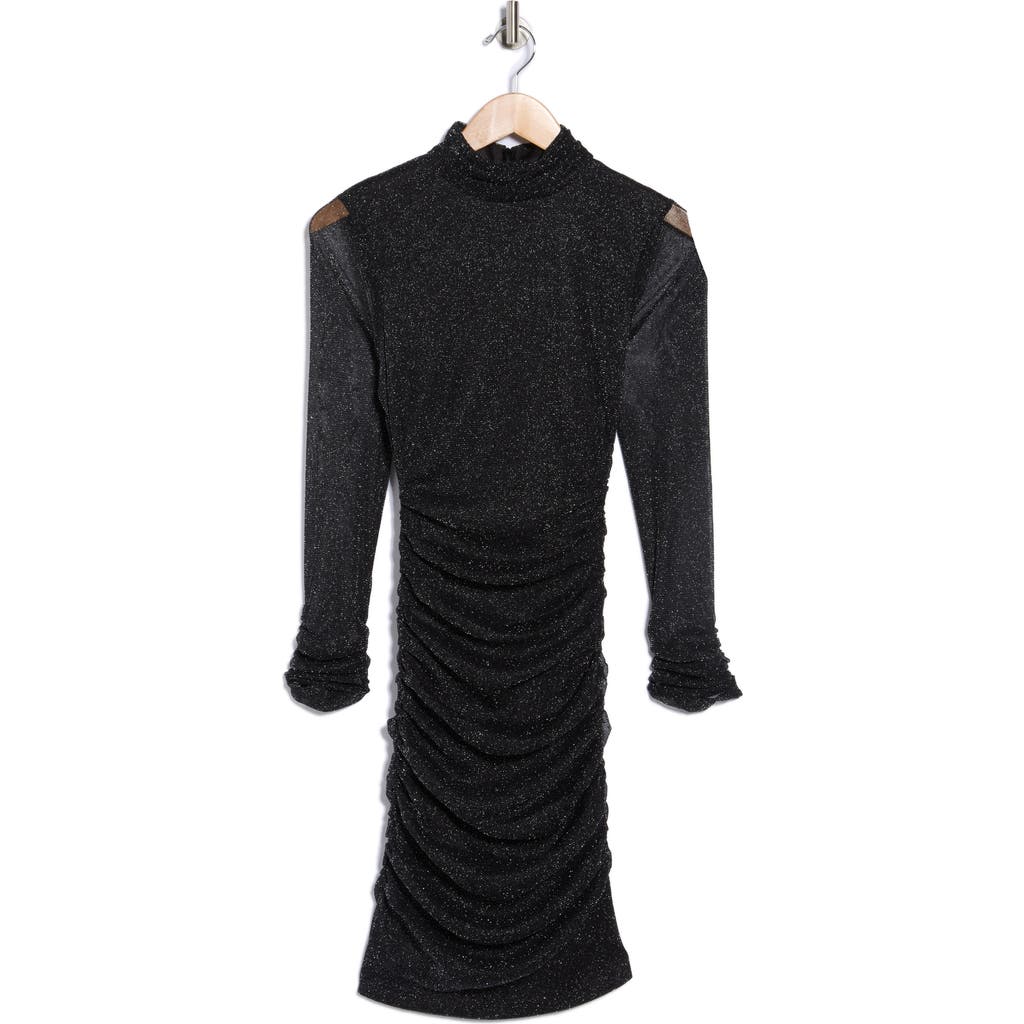 Eliza J Mock Neck Ruched Long Sleeve Mesh Body-con Dress In Gray
