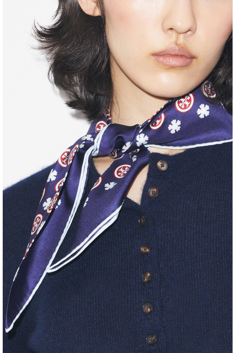 Silk Triangle Scarf, Main, color, NAVY FLORAL MONOGRAM