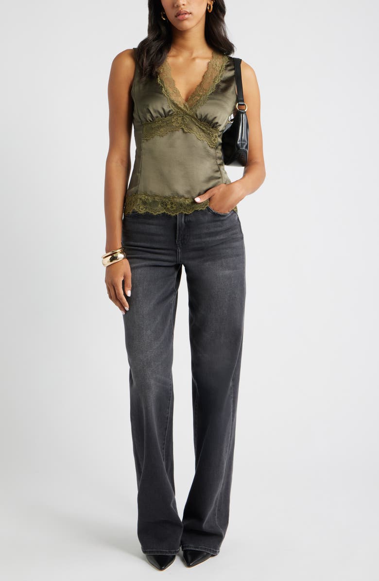 Open Edit Lace Trim Satin Tank, Alternate, color, Olive Sarma