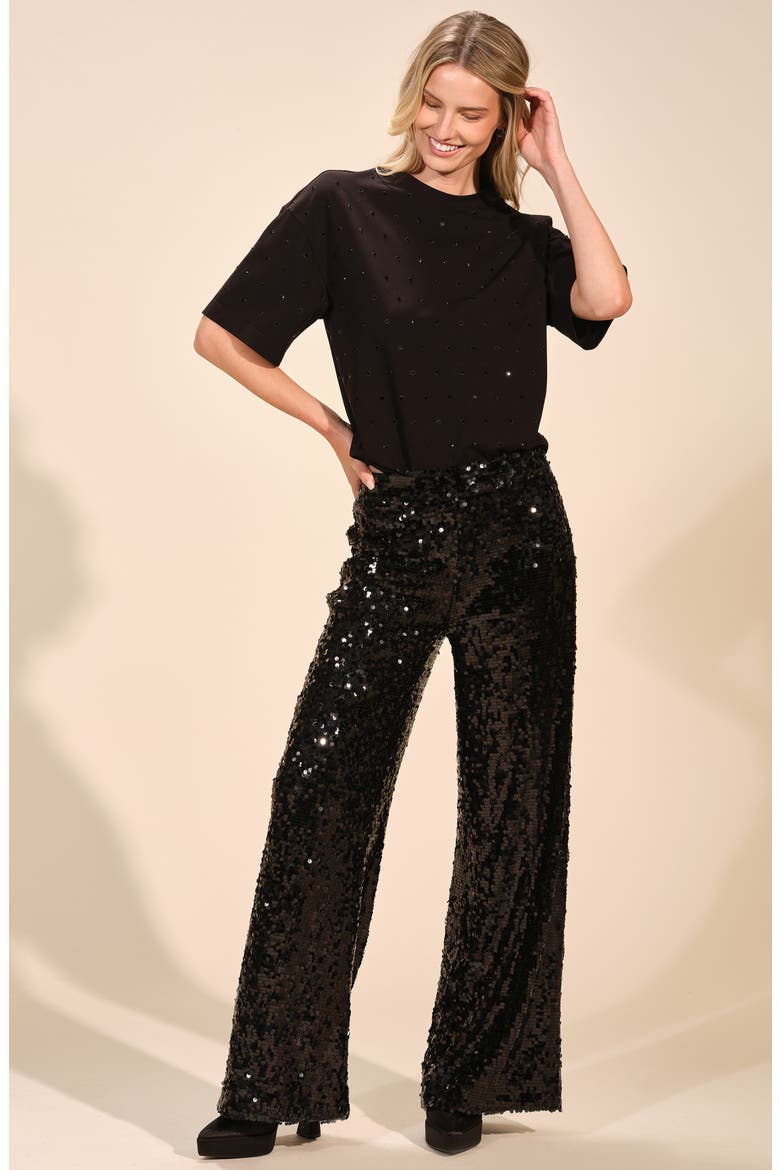 Sequin Wide Leg Pants, Alternate, color, BLACK