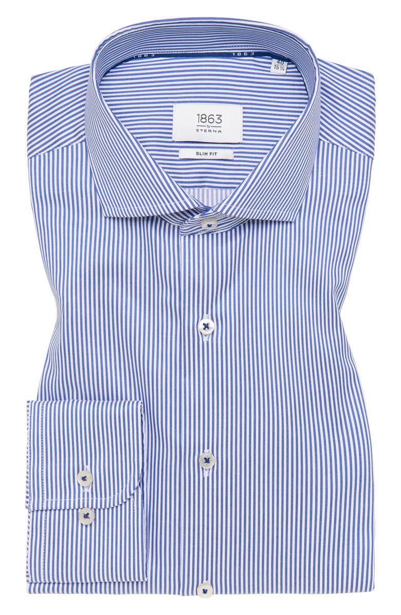 1863 by Eterna Banker Stripe Non-Iron Cotton Twill Dress Shirt, Alternate, color, Blue