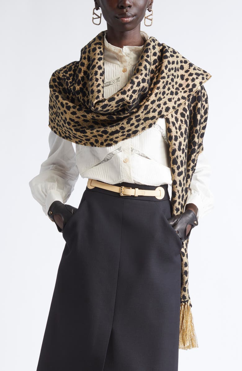 Valentino Garavani Metallic Leopard Virgin Wool & Cashmere Fringe Scarf, Alternate, color, Marrone/ Oro