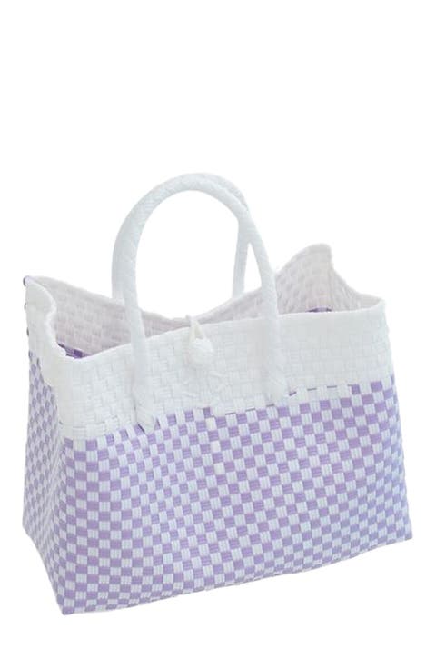 Lola Recycled Plastic Woven Tote Large - White and Lite Purple Checker