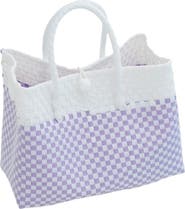 PINK HALEY Lola Recycled Plastic Woven Tote Large - White and Lite Purple Checker