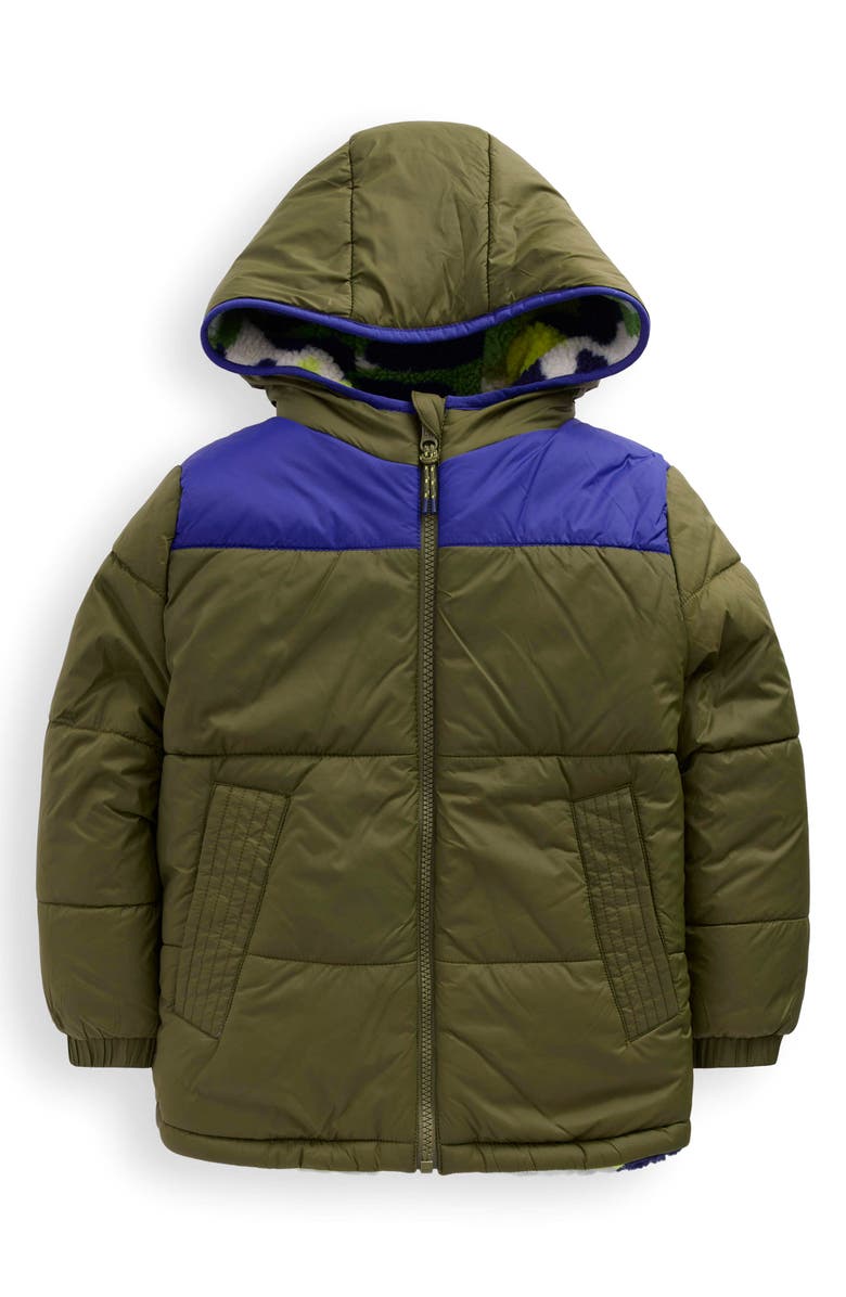 Mini Boden Kids' Quilted Waterproof Reversible Hooded Jacket, Main, color, Green Check/Green Camo