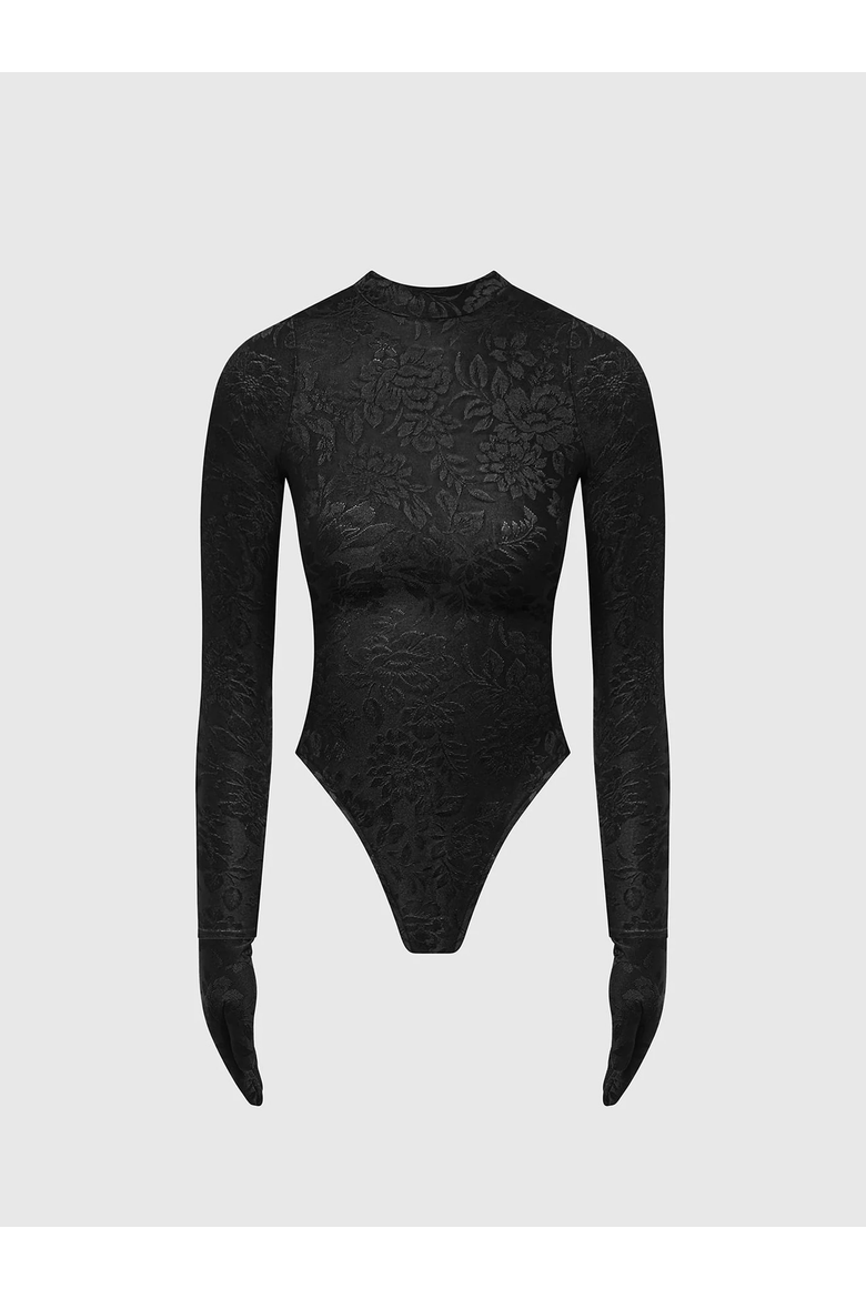 Ivy Jacquard Bodysuit with Gloves, Alternate, color, Black
