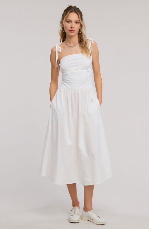 Modenaire Ruched Bodice Midi Dress With Tie Straps And Gathered Skirt In White