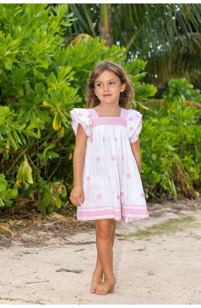 Mer St. Barth Serena Girl's Tassel Dress White Pink Frangipani, Alternate, color, Pink