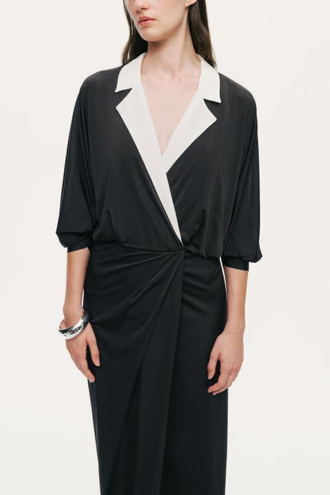 Contrast Lapel Draped Maxi Dress