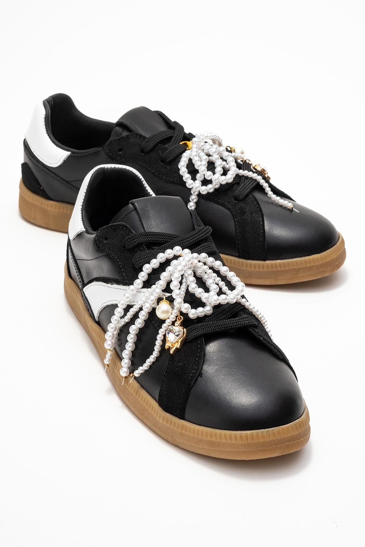 Forever 
Always Shoes Taren Leather Pearl Buckle Sneakers, Alternate, color, Black Leather