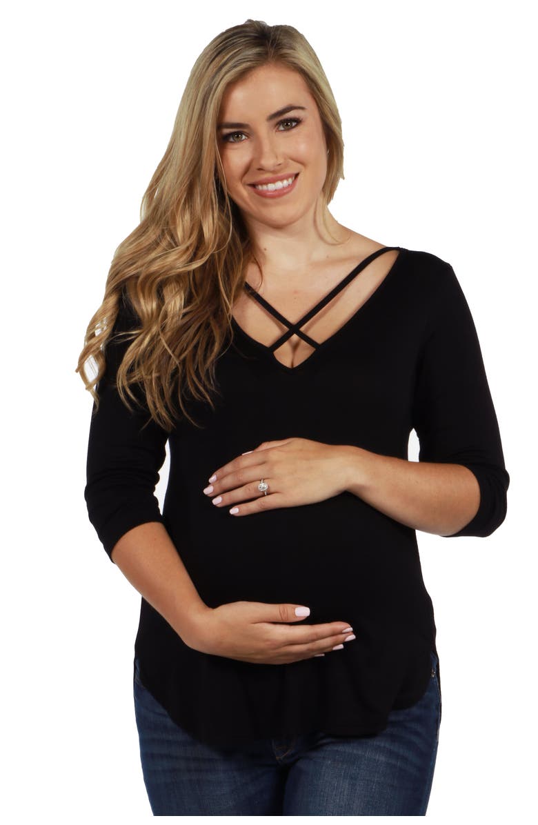 24seven Comfort Apparel Criss Cross Round Hemline Maternity Tunic Top, Main, color, Black