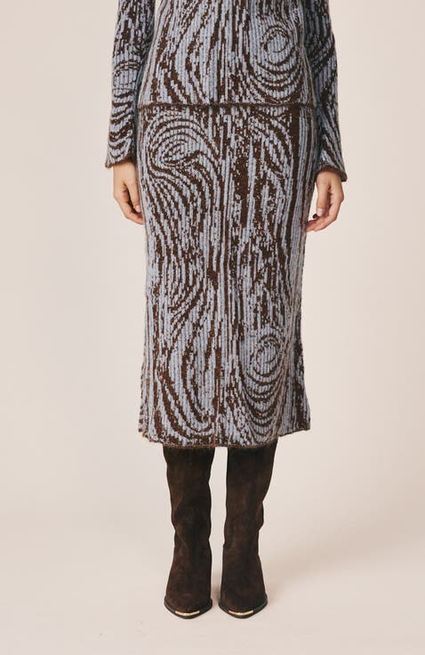 Abstract Print Ribbed Midi Skirt