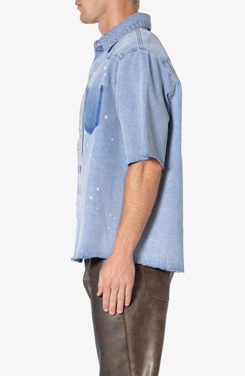 Mnml Oversize Short Sleeve Washed Denim Snap-up Western Shirt In Blue