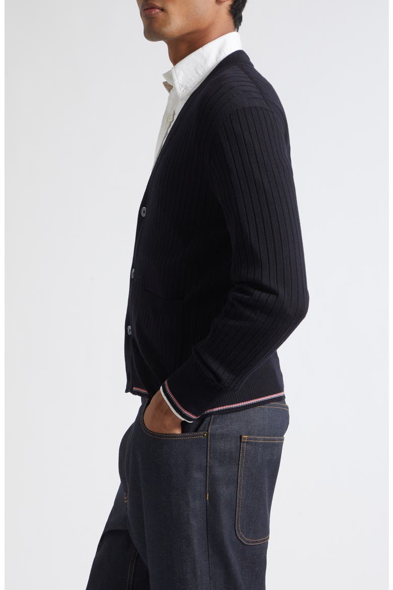Rib Stitch Stretch Wool V-Neck Cardigan, Alternate, color, NAVY