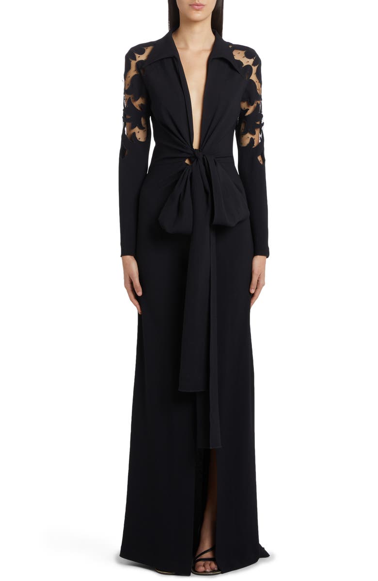 Etro Cutout Long Sleeve Tulle & Crepe Tie Front Gown, Main, color,