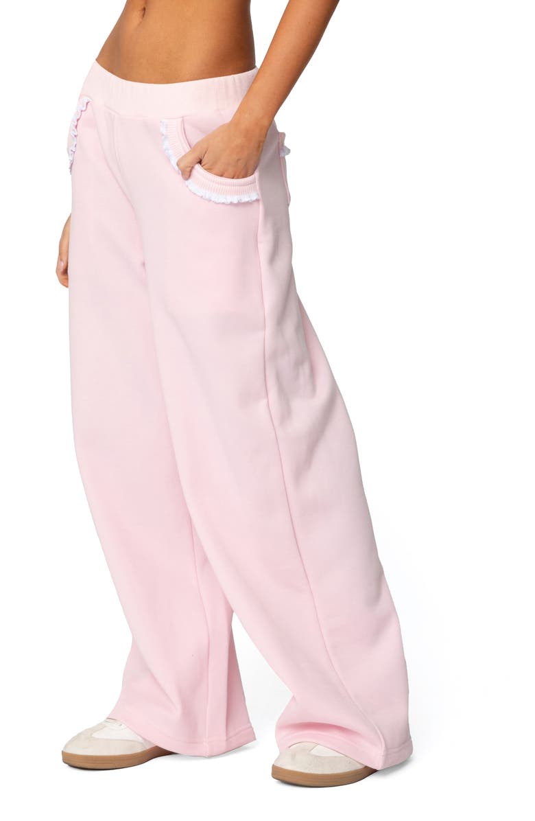 EDIKTED Ashtin Ruffle Trim Wide Leg Sweatpants, Alternate, color, Light-Pink