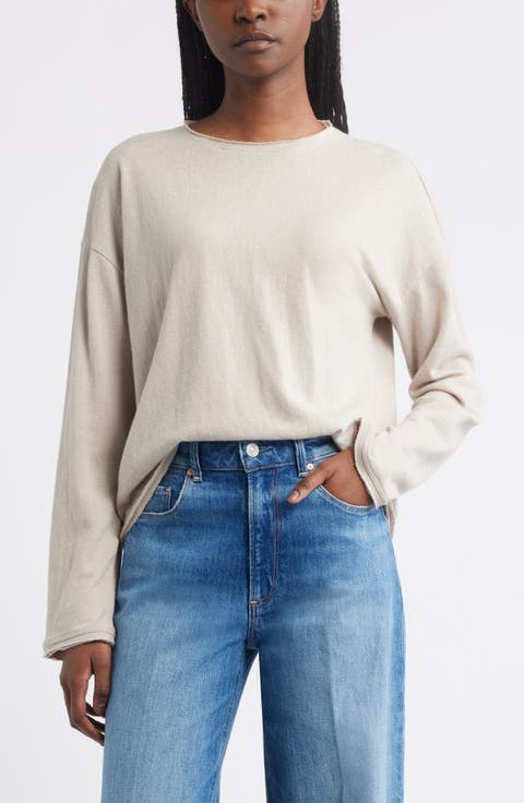 Roll Crewneck Boxy Long Sleeve Cotton Blend Top