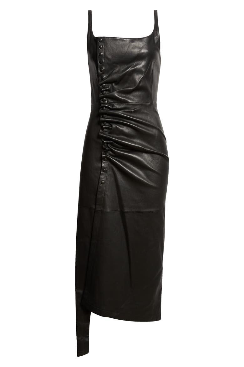 Draped Lambskin Leather Midi Dress, Alternate, color, BLACK