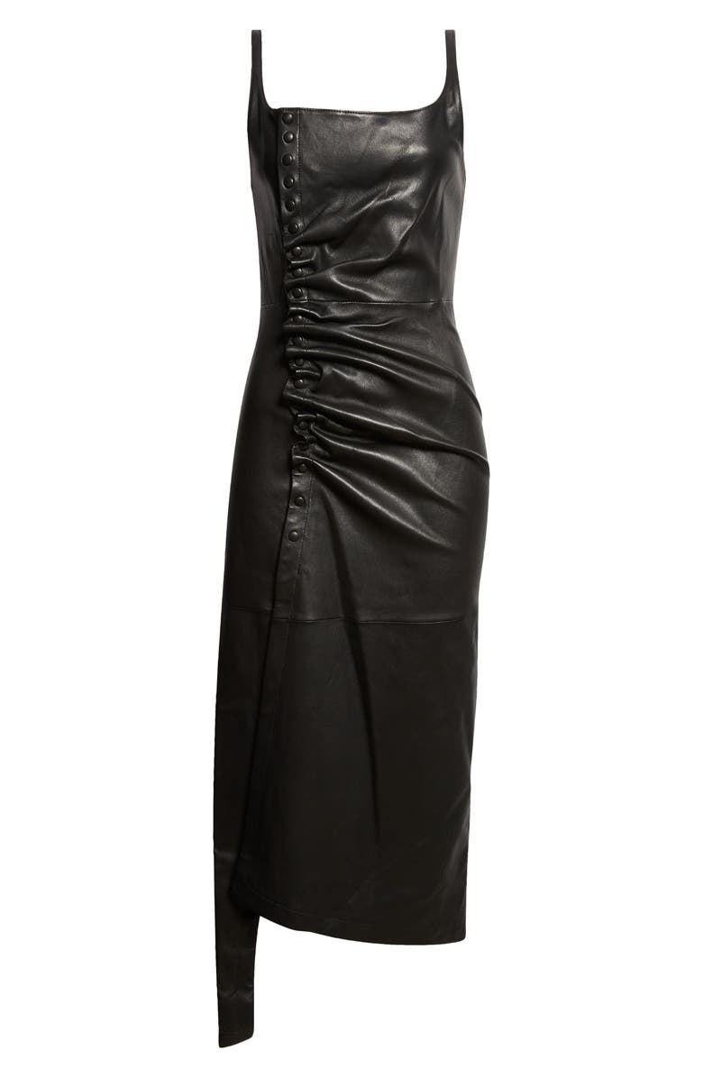 Rabanne Draped Lambskin Leather Midi Dress, Alternate, color, Black