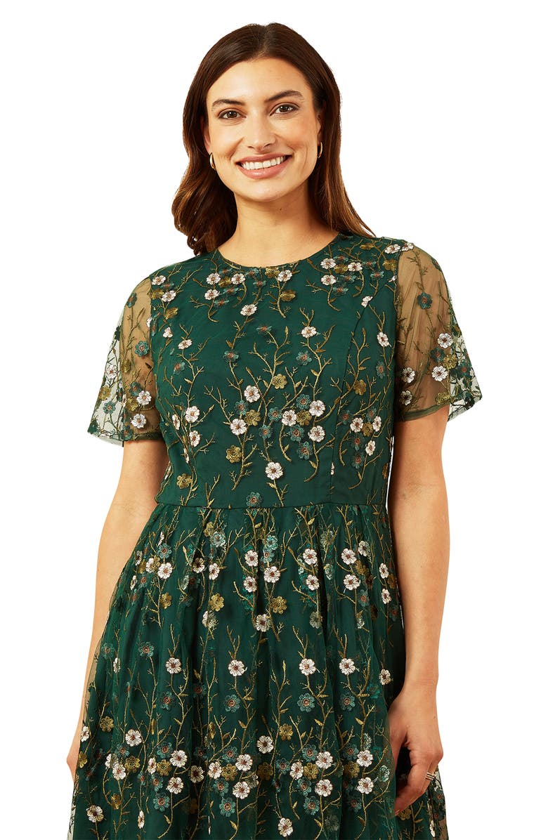 Yumi Embroidered Floral Skater Dress, Alternate, color, Green