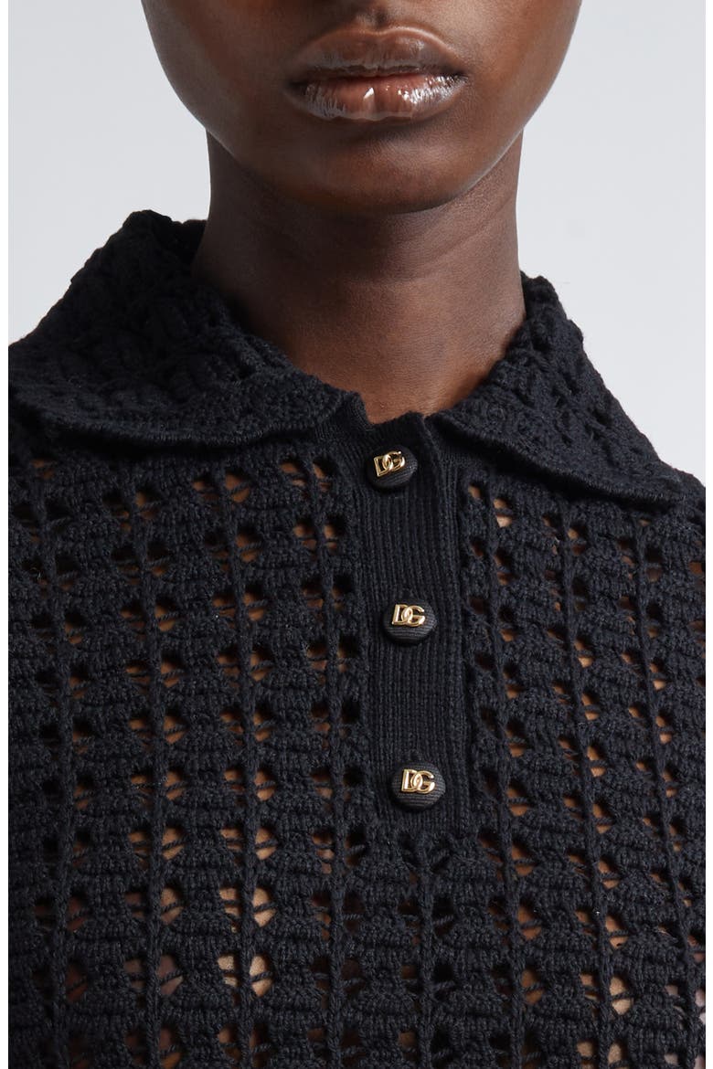 Lace Stitch Virgin Wool Polo Sweater, Alternate, color, N0000 NERO
