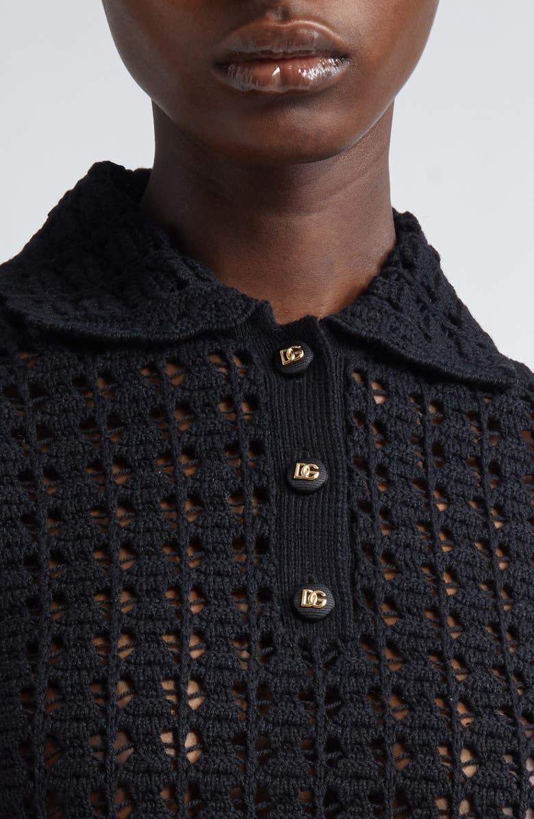 Dolce&Gabbana Lace Stitch Virgin Wool Polo Sweater, Alternate, color, N0000 Nero