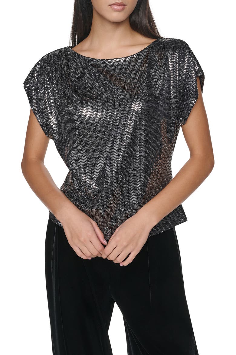 Mirror Metallic Short Sleeve Top, Main, color, BLACK/ SILVER