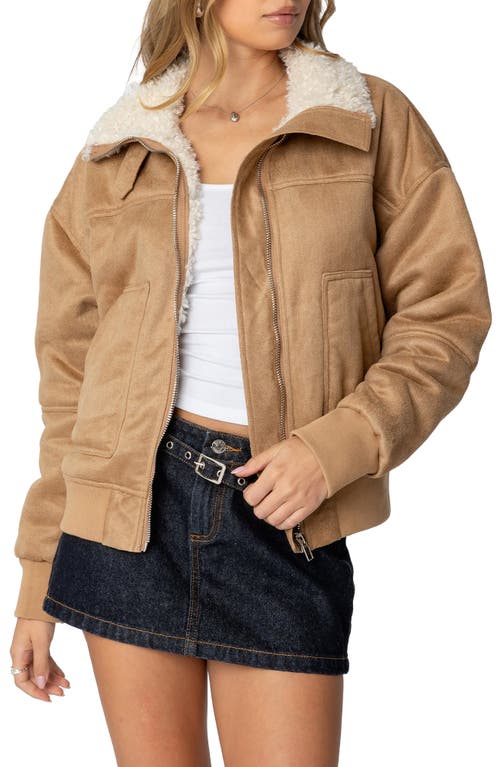 Edikted Faux Suede Shearling Bomber Jacket In Tan