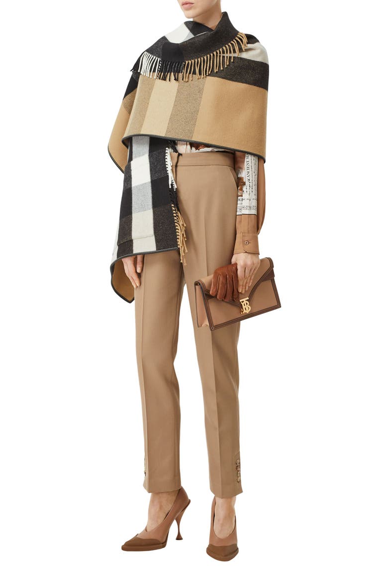 Check Fringe Wool & Cashmere Cape, Alternate, color, ARCHIVE BEIGE