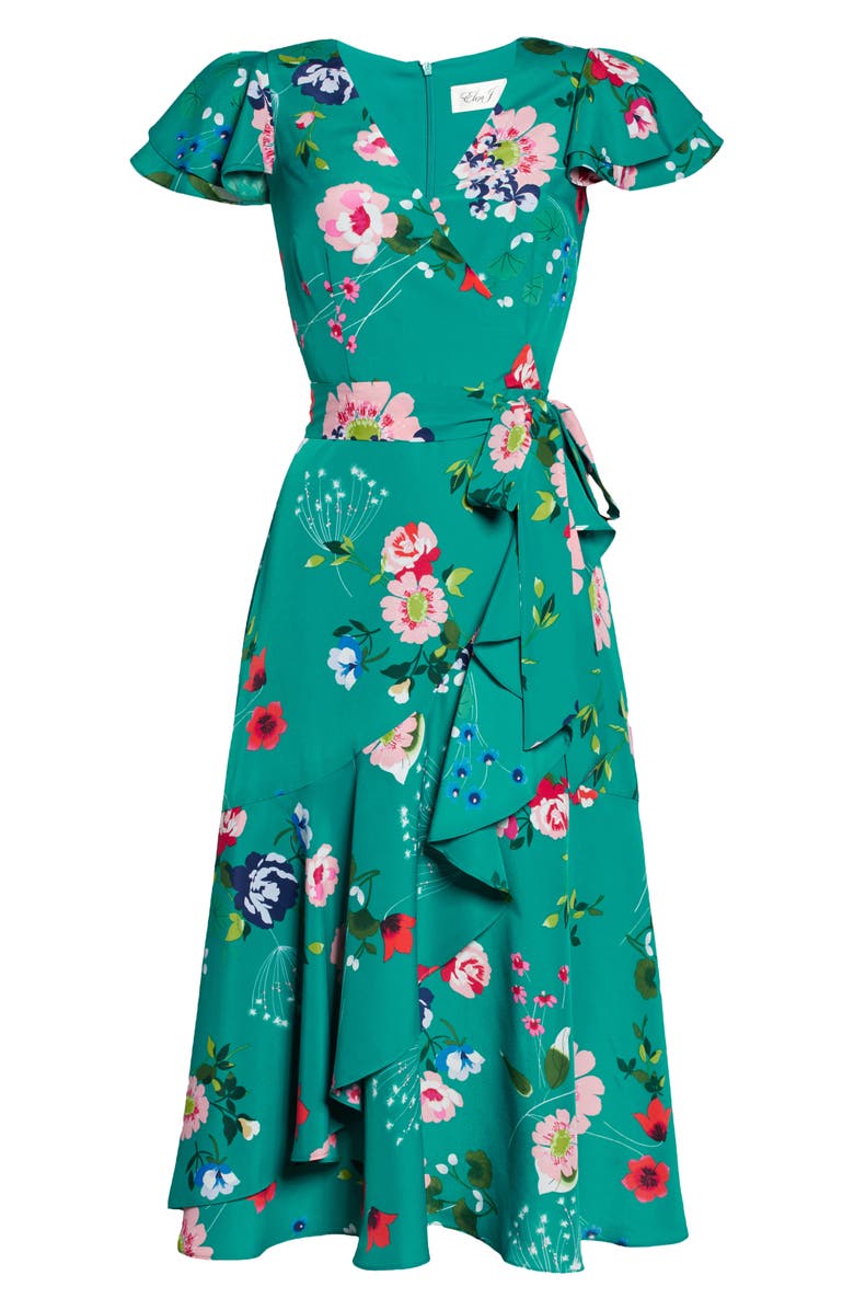 Eliza J Floral Flutter Midi Faux Wrap Dress, Alternate, color,