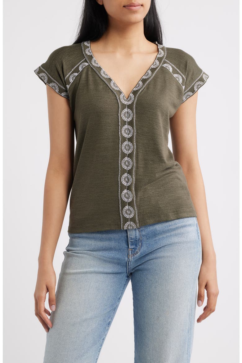 Embroidered Detail V-Neck Top, Main, color, GRAPE LEAF/ WHITE