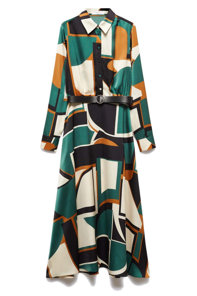 Geo Print Long Sleeve Midi Shirtdress, Alternate, color, GREEN