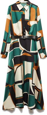 MANGO Geo Print Long Sleeve Midi Shirtdress