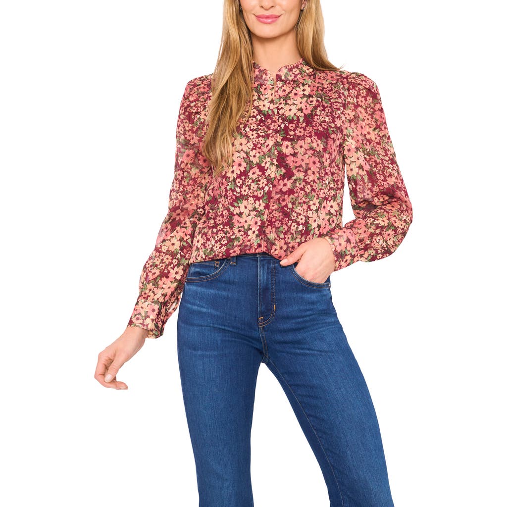 Cece Floral Metallic Stripe Long Sleeve Top In Multi