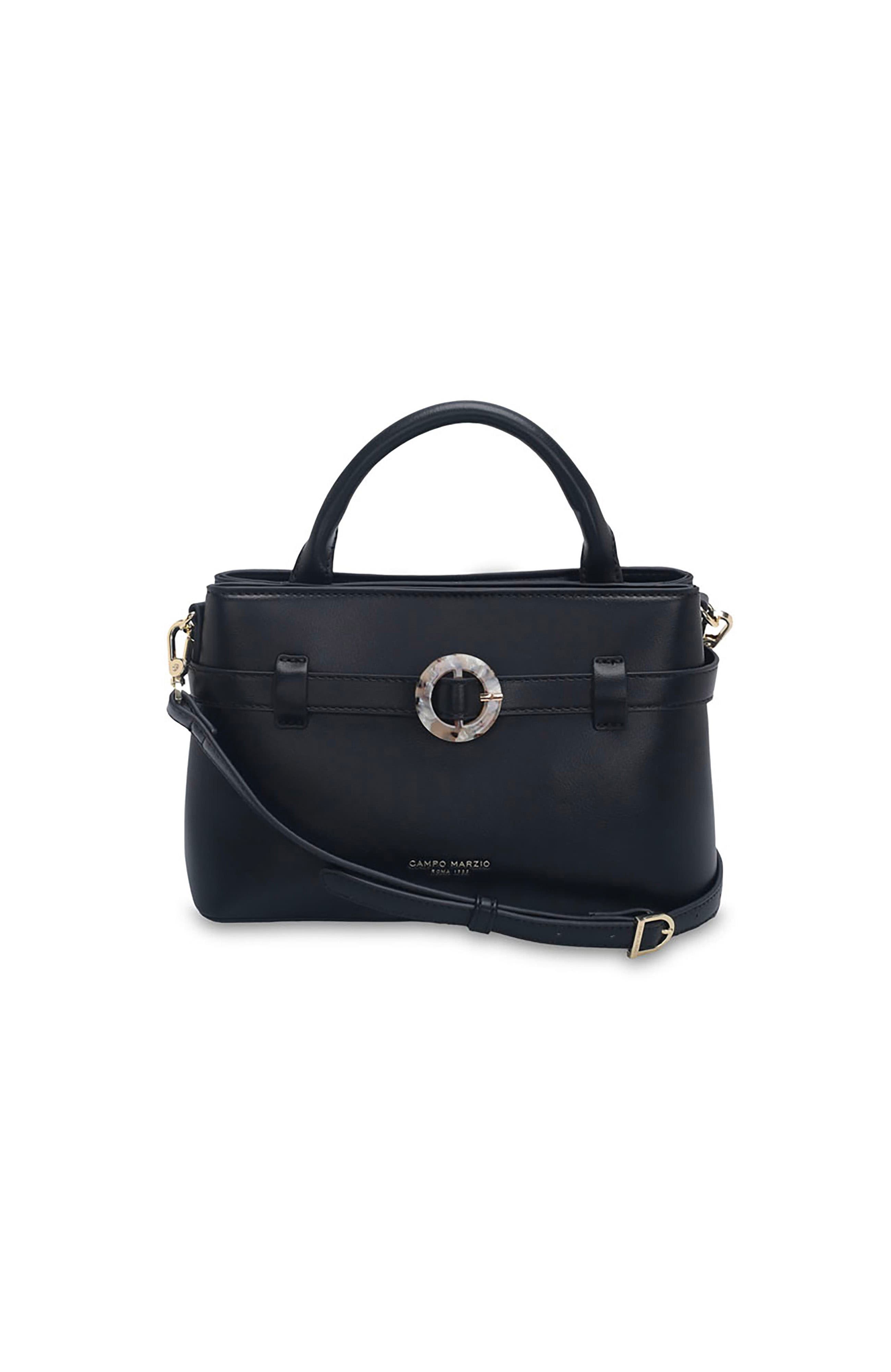 Sway Structured Satchel Handbag with Top Handle Crossbody Strap & Decorative Buckle, Main, color, BLACK