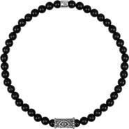 Karma and Luck Men's Sterling Silver Evil Eye Charm Black Onyx Beaded Bracelet Stress Soother