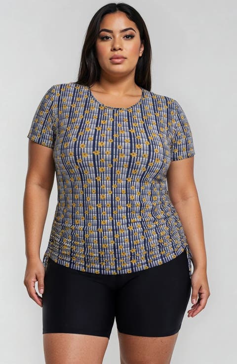 Plus Size Short Sleeve Adele Swim Top and Black Mid-Thigh Swim Shorts Set