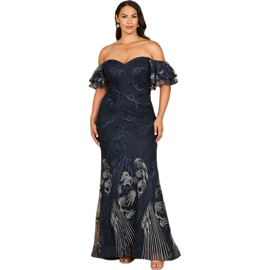 Lara New York Off Shoulder Mermaid Lace Gown In Blue