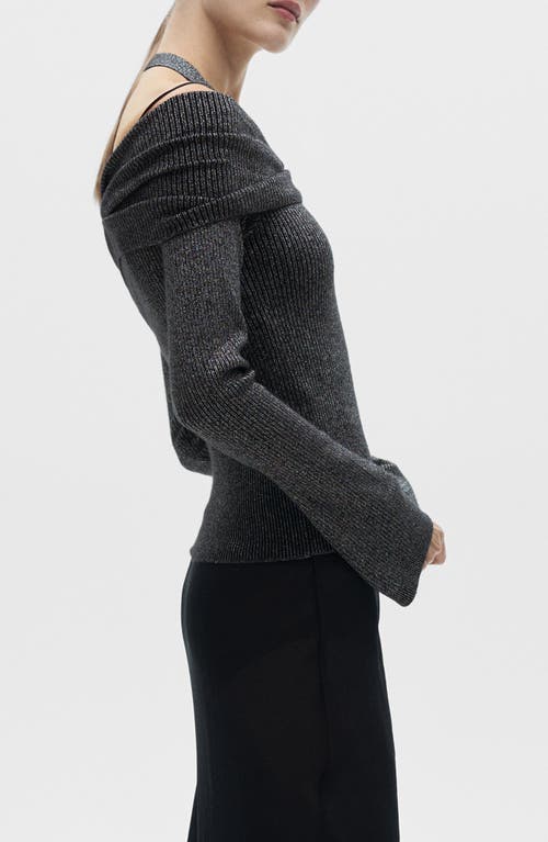 Mango Metallic Off The Shoulder Sweater In Grey