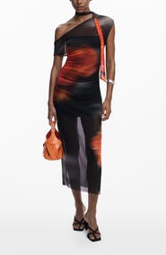 Desigual Carolina One Shoulder Mesh Midi Dress